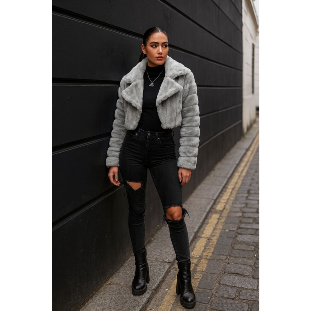 Women's Faux Fur Cropped Bolero Jacket Gray Size Jr L